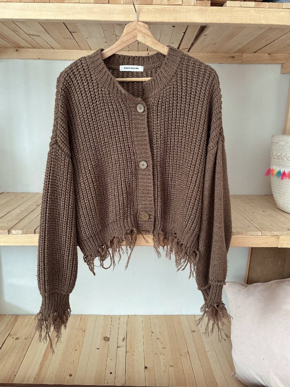 Vintage Brown Frayed Knit Cardigan Sweater